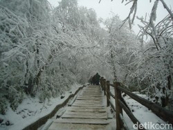 Saat Gunung yang Suci di China Tertutup Salju