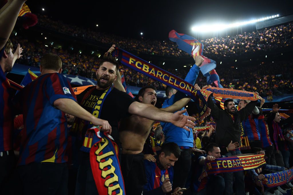 BARCELONA, SPAIN - MARCH 08:  Barcelona fans celebrate victory after the UEFA Champions League Round of 16 second leg match between FC Barcelona and Paris Saint-Germain at Camp Nou on March 8, 2017 in Barcelona, Spain.  (Photo by Laurence Griffiths/Getty Images)