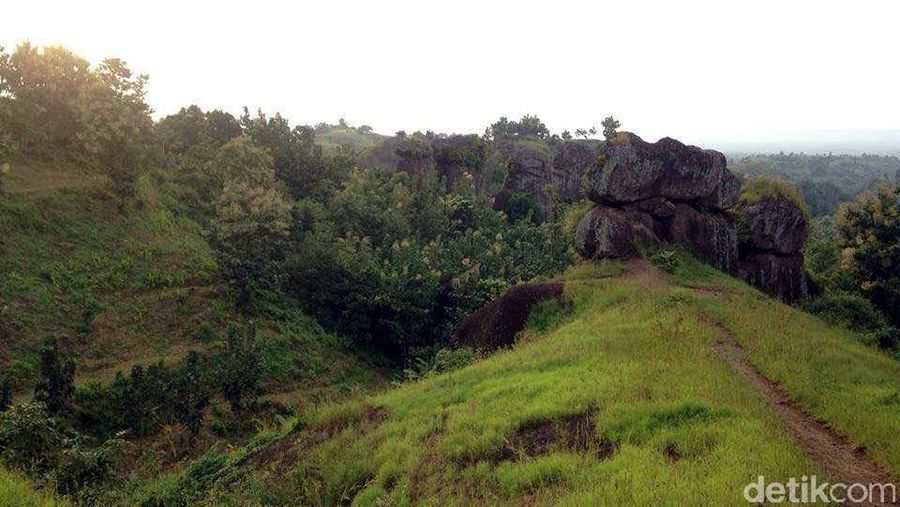 Susunan batu megalitikum ini letaknya ada di dasar lembah. Entah berapa meter tinggi dari Stonehenge van Java ini. Di atas batu yang tegak ini, masih ada batu lain yang berukuran besar di atasnya, sepeti sengaja ditumpuk (Narulita/detikTravel)