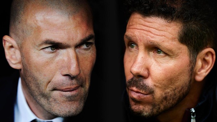 FILE PHOTO (EDITORS NOTE: COMPOSITE OF TWO IMAGES - Image numbers (L) 516743572 and 617499668) In this composite image a comparision has been made between Real Madrid Head Coach Zinedine Zidane (L) and Head coach of Club Atletico de Madrid Diego Simeone.  Real Madrid CF and Club Atletico de Madrid meet in one of the UEFA Champions League Semi Finals.  ***LEFT IMAGE*** MADRID, SPAIN - MARCH 20: Real Madrid Head Coach Zinedine Zidane looks on before the start of the La Liga match between Real Madrid CF and Sevilla FC at Estadio Santiago Bernabeu on March 20, 2016 in Madrid, Spain. (Photo by Denis Doyle/Getty Images) ***RIGHT IMAGE*** SEVILLE, SPAIN - OCTOBER 23: Head coach of Club Atletico de Madrid Diego Simeone looks on during the match between Sevilla FC vs Club Atletico de Madrid as part of La Liga at Estadio Ramon Sanchez Pizjuanon October 23, 2016 in Seville, Spain. (Photo by Aitor Alcalde/Getty Images)