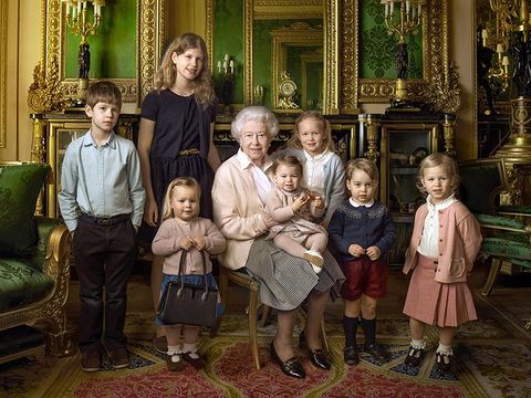 Embargoed to 0001 BST Thursday April 21, 2016. Conditions of use: This image may be used free of charge, internationally, for 21 days from release, until 12th May 2016. For use or reproduction in any format on any platform after this date, please refer to Royal Communications for approval.This official photograph, released by Buckingham Palace to mark her 90th birthday, shows Queen Elizabeth II with her five great-grandchildren and her two youngest grandchildren in the Green Drawing Room, part of Windsor Castle's semi-State apartments. The children are: James, Viscount Severn (left), 8, and Lady Louise (second left), 12, the children of The Earl and Countess of Wessex; Mia Tindall (holding The Queen's handbag), the two year-old-daughter of Zara and Mike Tindall; Savannah (third right), 5, and Isla Phillips (right), 3, daughters of The Queen's eldest grandson Peter Phillips and his wife Autumn; Prince George (second right), 2, and in The Queen's arms and in the tradition of Royal portraiture, the youngest great-grandchild, Princess Charlotte (11 months), children of The Duke and Duchess of Cambridge.