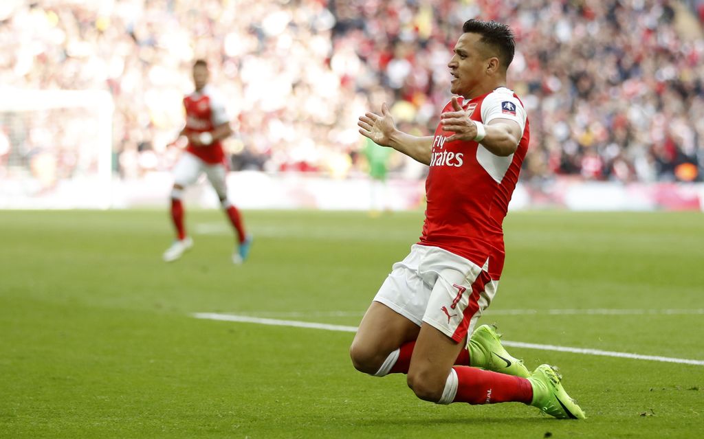 Alexis Sanchez Britain Football Soccer - Arsenal v Manchester City - FA Cup Semi Final - Wembley Stadium - 23/4/17 Arsenal's Alexis Sanchez celebrates scoring their second goal Action Images via Reuters / Carl Recine Livepic EDITORIAL USE ONLY. No use with unauthorized audio, video, data, fixture lists, club/league logos or