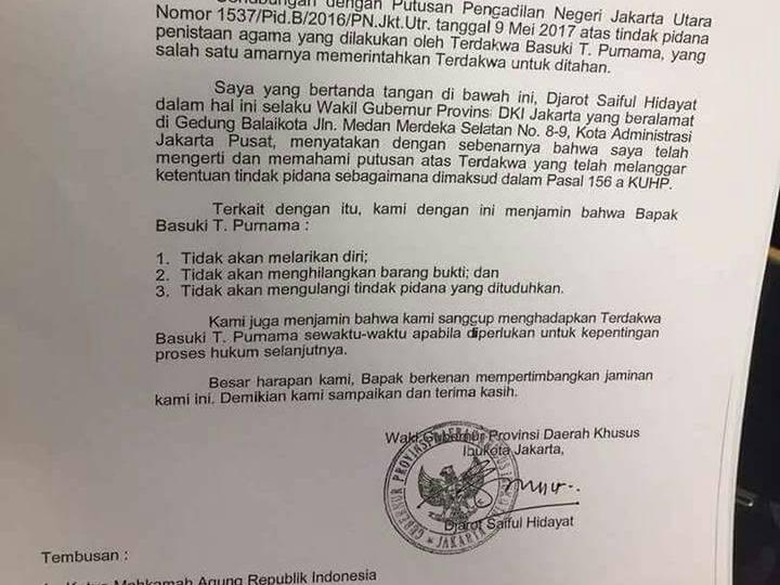 Ini Surat Jaminan Penangguhan Penahanan Djarot untuk Ahok