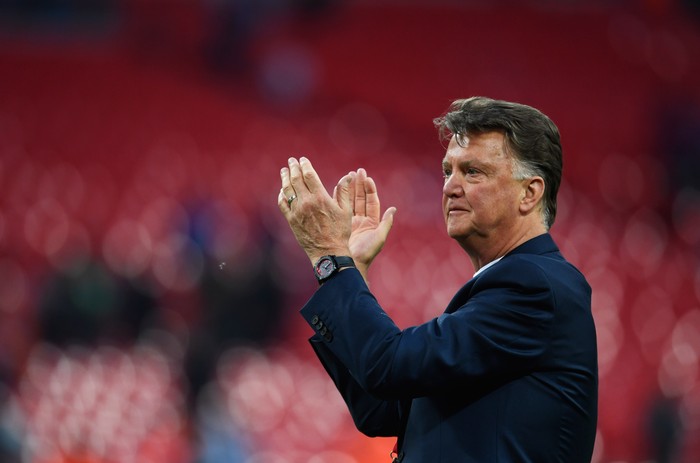 LONDON, ENGLAND - MAY 21:  Louis van Gaal Manager of Manchester United applauds the fans after winning The Emirates FA Cup Final match between Manchester United and Crystal Palace at Wembley Stadium on May 21, 2016 in London, England. Man Utd won 2-1 after extra time.  (Photo by Mike Hewitt/Getty Images)