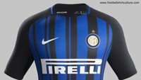 Seragam kandang Inter Milan tidak lagi mengusung warna tulisan yang berwarna kuning, melainkan kembali ke warna putih. Corak garis vertikal di sisi depan dan belakang kaus juga tidak sama persis. Seragam ini sudah dipakai di laga terakhir 2016-17, melawan Udinese. (Foto: footballshirtculture.com)