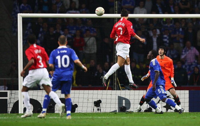 Cristiano Ronaldo LONDON - MARCH 01: Cristiano Ronaldo of Manchester United outjumps Jamie O'Hara of Tottenham Hotspur during the Carling Cup Final match between Manchester United and Tottenham Hotspur at Wembley Stadium on March 1, 2009 in London, England. (Photo by Mike Hewitt/Getty Images)