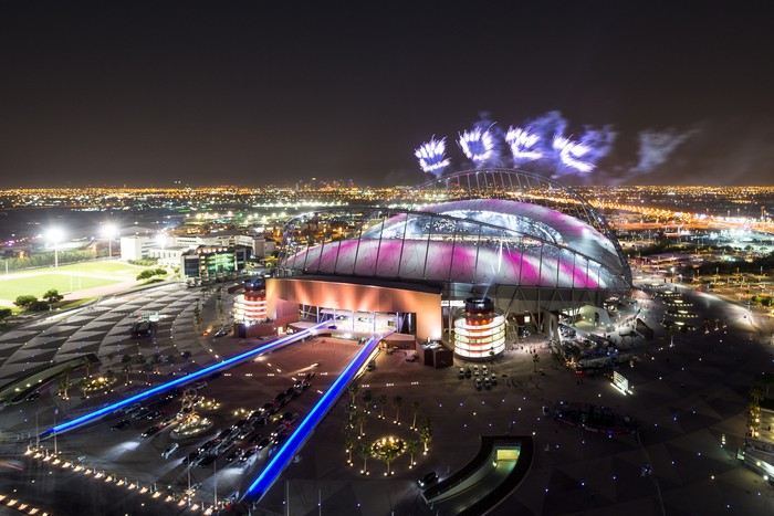 Khalifa International Stadium DOHA, QATAR - MAY 19: fireworks spell out 2022 for the Qatar 2022 World Cup at Khalifa International Stadium on May 19, 2017 in Doha, Qatar. Qatars Supreme Committee for Delivery & Legacy launches Khalifa International Stadium, the first completed 2022 FIFA World Cup venue, five years before the tournament begins. (Photo by Neville Hopwood/Getty Images for Qatar 2022)