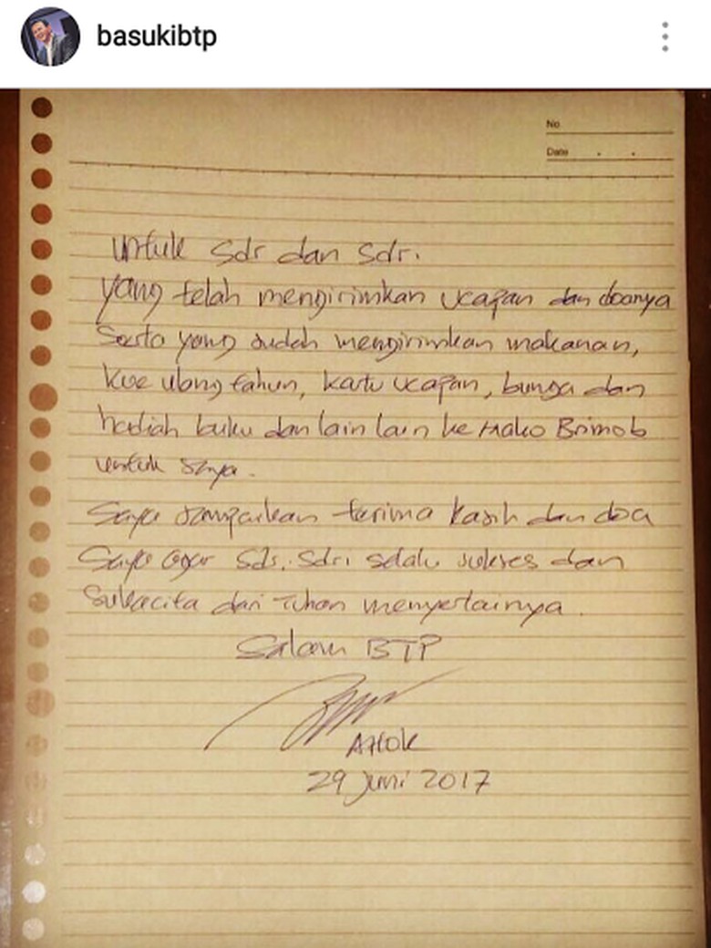 Lewat Surat di Hari Ultah, Ahok Ucapkan Terima Kasih ke Pendukung