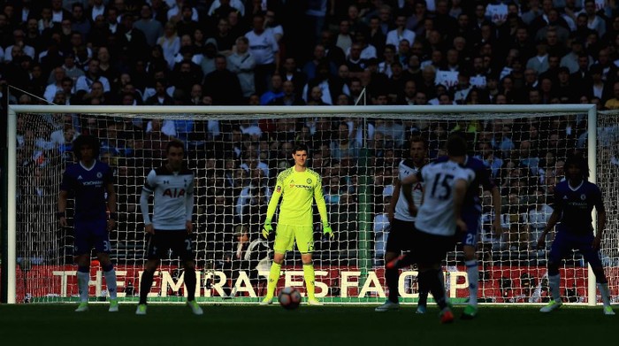 LONDON, ENGLAND - APRIL 22:  Thibaut Courtois of Chelsea looks on during The Emirates FA Cup Semi-Final between Chelsea and Tottenham Hotspur at Wembley Stadium on April 22, 2017 in London, England.  (Photo by Richard Heathcote/Getty Images)