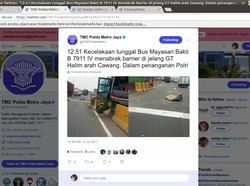 Bus Tabrak Separator di Gerbang Tol Halim, Lalin Macet 1 Km