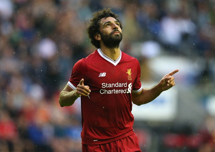 WIGAN, ENGLAND - JULY 14:  Mohamed Salah of Liverpool celebrates after scoring their first goal during the pre-season friendly match between Wigan Athletic and Liverpool at DW Stadium on July 14, 2017 in Wigan, England.  (Photo by Alex Livesey/Getty Images)