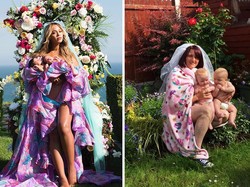 Kocak, Ibu-ibu Ini Tiru Foto Ikonik Beyonce dengan Bayi Kembar