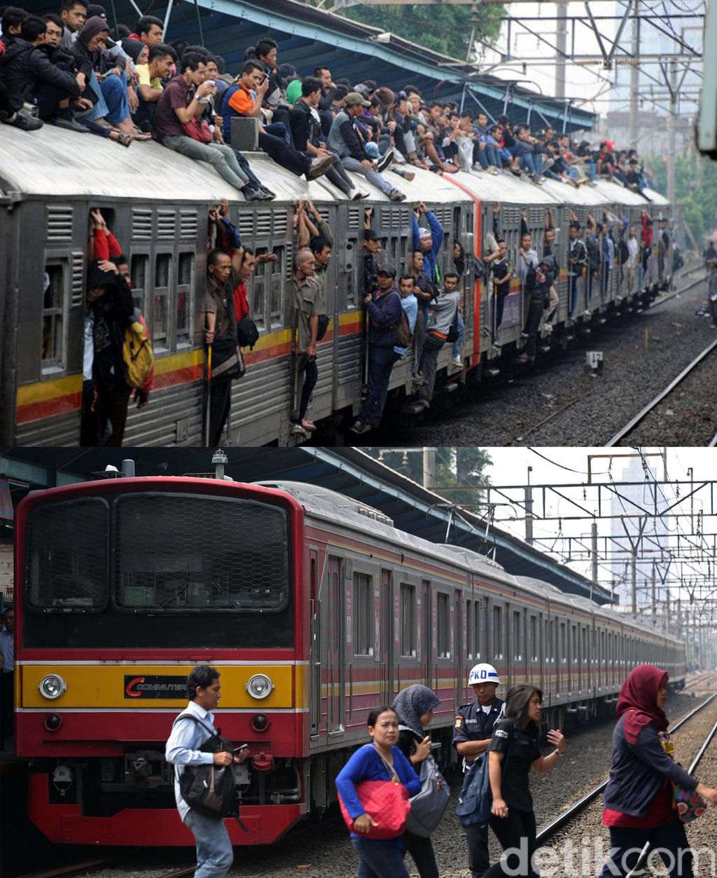 Tak dapat tempat duduk, pengguna KRL di era dulu banyak yang nekat naik ke bagian atapnya. Namun layanan KRL sekarang jauh lebih manusiawi. Foto: detikcom