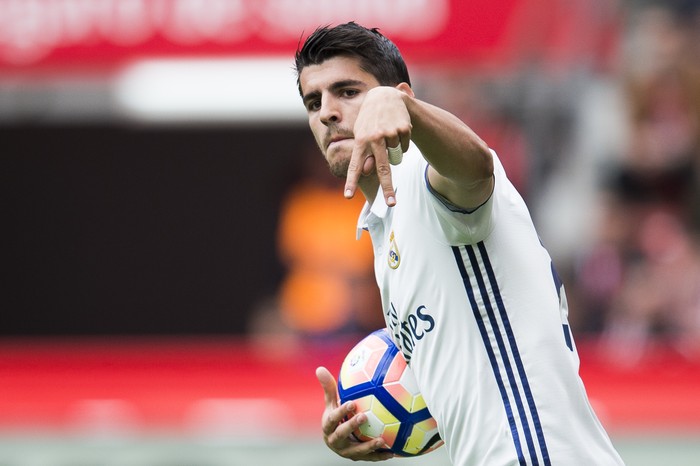 Alvaro Morata GIJON, SPAIN - APRIL 15: Alvaro Morata of Real Madrid celebrates after scoring his team's second goal during the La Liga match between Real Sporting de Gijon and Real Madrid at Estadio El Molinon on April 15, 2017 in Gijon, Spain. (Photo by Juan Manuel Serrano Arce/Getty Images)