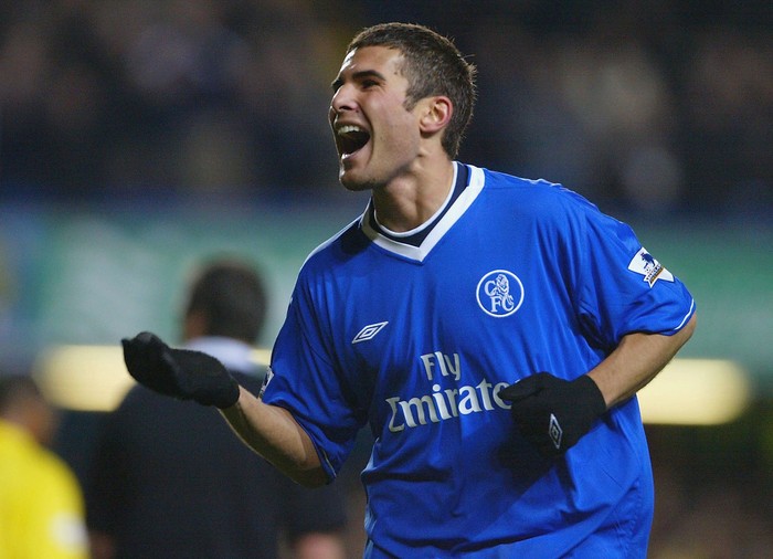 LONDON - JANUARY 14: Adrian Mutu of Chelsea celebrates scoring their third goal during the FA Cup Third round replay between Chelsea and Watford at Stamford Bridge on January 14, 2004 in London. (Photo by Phil Cole/Getty Images)