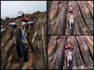 Viral Foto Crosser Lindas Batu Berumur Jutaan Tahun di Geopark Ciletuh