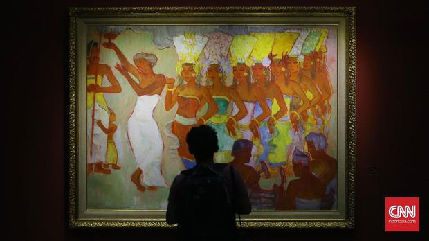 SENANDUNG IBU PERTIWI Lukisan Theo Meier berjudul Tari Redjang di Pameran Lukisan Koleksi Istana Kepresidenan RI Senandung Ibu Pertiwi di Galeri Nasional, Jakarta, Senin, 31 Juli 2017. Pameran yang diselenggarakan oleh Kementerian Sekretariat Negara akan dibuka untuk umum 2-30 Agustus 2017. Dibanding tahun lalu yang memamerkan 28 lukisan dari 21 lukisan. Tahun ini, 48 lukisan dari 41 pelukis yang dibuat antara abad 19 dan abad 20. CNNIndonesia/Safir Makki