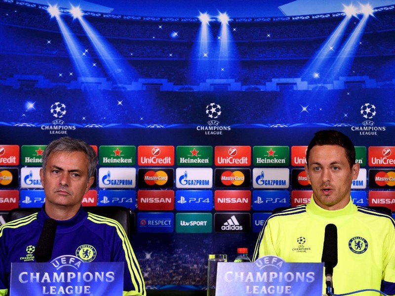 LONDON, ENGLAND - OCTOBER 20:  (L-R) Chelsea manager Jose Mourinho and Nemanja Matic of Chelsea speak to the media during the Chelsea FC Press Conference ahead of the UEFA Champions League Group G match against NK Maribor at the Chelsea training ground on October 20, 2014 in Cobham, United Kingdom.  (Photo by Mike Hewitt/Getty Images)