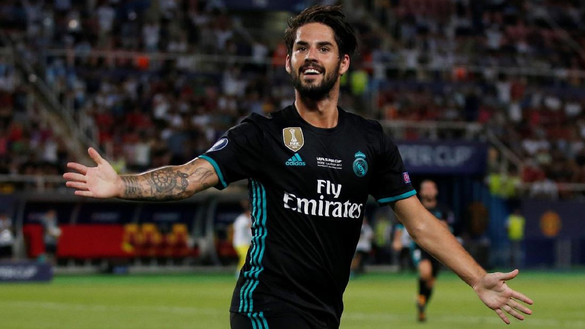 Isco merayakan gol kedua Real Madrid ke gawang Manchester United (Peter Cziborra/Reuters)