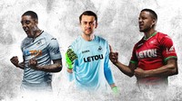 Di kandang, para pemain Swansea City akan mengenakan jersey yang didominasi warna putih dengan corak hitam di lengan dan leher. Jersey merah (kanan) jadi pilihan di laga tandang. (Foto: Twitter @SwansOfficial)