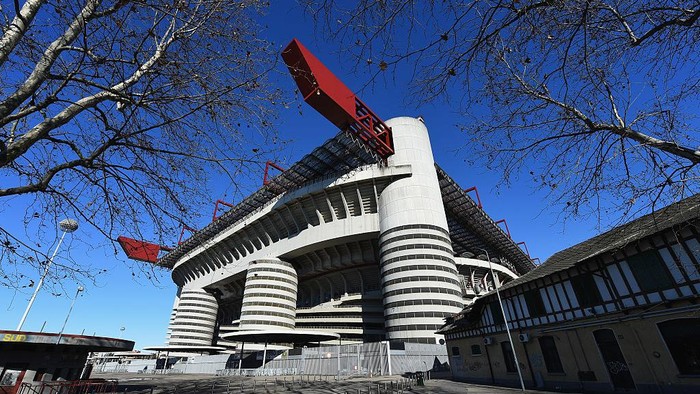 MILAN, ITALY - FEBRUARY 10:  A view of the outside of Stadio Giuseppe Meazza venue for the UEFA Champions League Final 2016 on February 10, 2016 in Milan, Italy.  (Photo by Shaun Botterill/Getty Images)