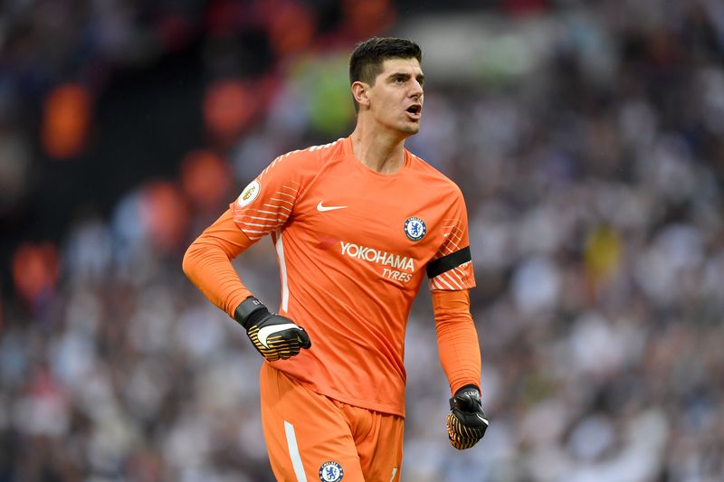 Thibaut Courtois LONDON, ENGLAND - AUGUST 20: Thibaut Courtois of Chelsea celebrates his sides second goal during the Premier League match between Tottenham Hotspur and Chelsea at Wembley Stadium on August 20, 2017 in London, England. (Photo by Shaun Botterill/Getty Images)