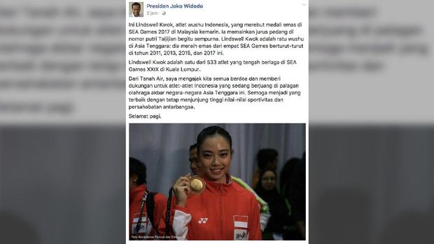 Presiden Jokowi membahas sukses Lindswell Kwok di laman facebook miliknya.