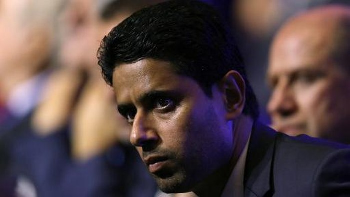 Paris Saint Germains (PSG) Qatari president Nasser Al-Khelaifi looks on during the UEFA Champions League football group stage draw ceremony in Monaco on August 24, 2017.  / AFP PHOTO / VALERY HACHE