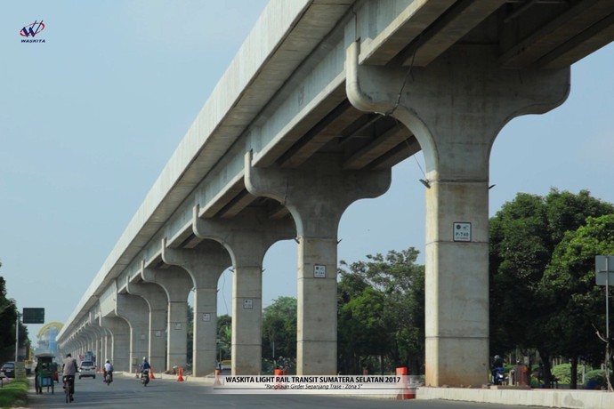 LRT Palembang ditargetkan beroperasi pada Juni 2018 mendatang untuk mendukung penyelenggaraan Asian Games 2018 yang juga akan dilangsungkan di Palembang. Pool/Dok. Waskita Karya.