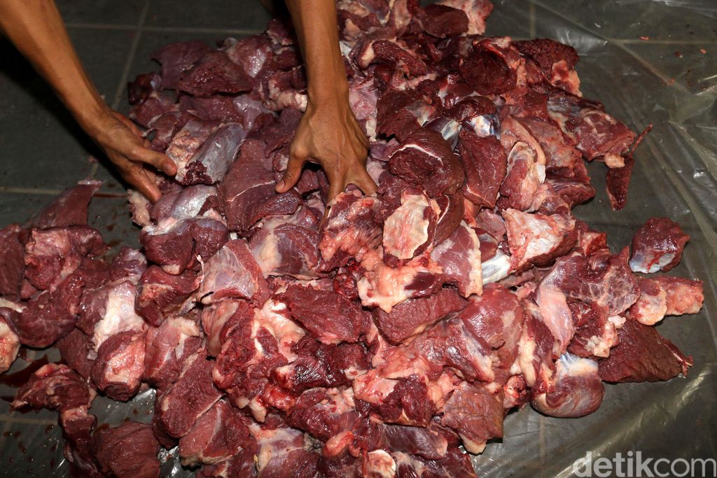 Warga mengantre pembagian daging kurban di DPP Lembaga Dakwah Islam Indonesia, Jakarta, Jumat (1/9/2017). LDII seluruh Indonesia mengumpukan 17.000 sapi dan 21.000 kambing untuk dikurbankan pada Idul Adha 1438 H.