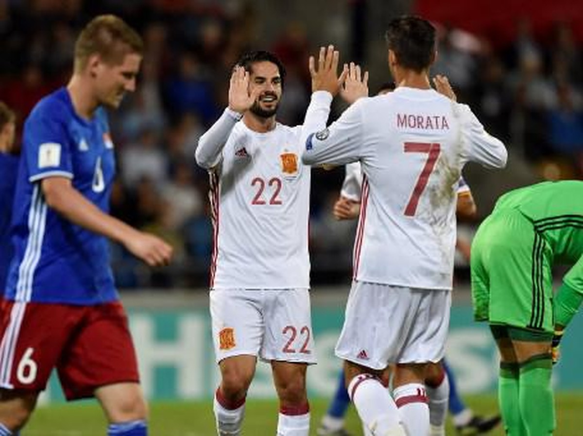Timnas Spanyol saat menang besar 8-0 atas Liechtenstein (Foto: Michael Buholzer/AFP)