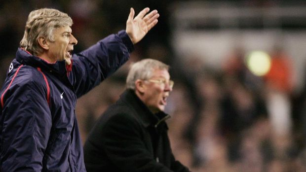LONDON - FEBRUARY 1: Arsenal manager, Arsene Wenger and Manchester United Manager, Alex Ferguson, yell instructions from the sidelines during the Barclays Premiership match between Arsenal and Manchester United at Highbury on February 1, 2005 in London, England.  (Photo by Ben Radford/Getty Images)