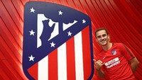 Salah satu bintang Atletico, Antoine Griezmann, berfoto dengan gambar logo klubnya di Wanda Metropolitano. (Foto: Twitter @Atleti)