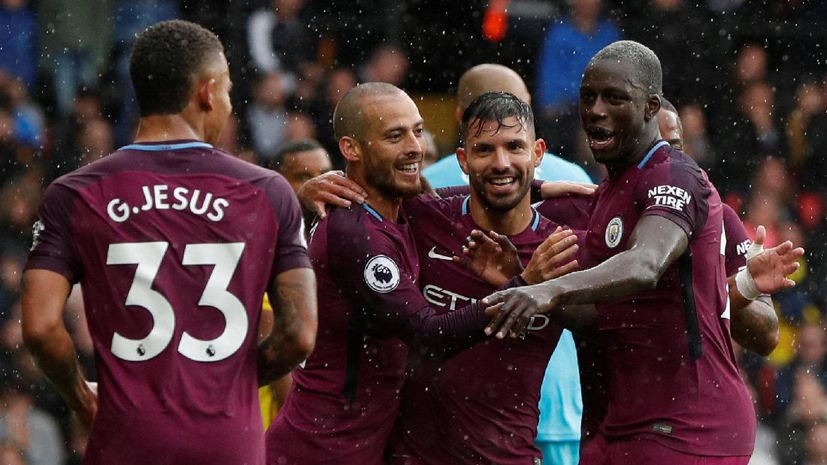 Para pemain Manchester City merayakan gol ke gawang Watford (Foto: John Sibley /Action Images via Reuters)