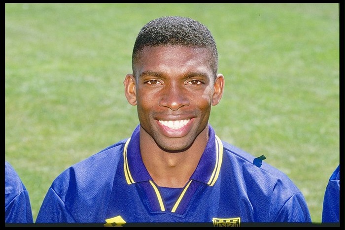 Efan Ekoku Jul 1996: A portrait of Efan Ekoku of Wimbledon Football Club taken during the club photocall in London. Mandatory Credit: Allsport UK