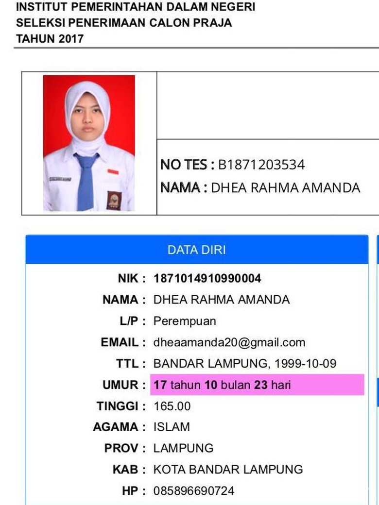 Biografi Profil Biodata Dea Rahma Amanda Calon Praja IPDN Lampung