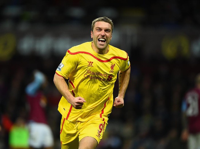 BIRMINGHAM, ENGLAND - JANUARY 17:  Rickie Lambert of Liverpool celebrates scoring their second goal during the Barclays Premier League match between Aston Villa and Liverpool at Villa Park on January 17, 2015 in Birmingham, England.  (Photo by Laurence Griffiths/Getty Images)