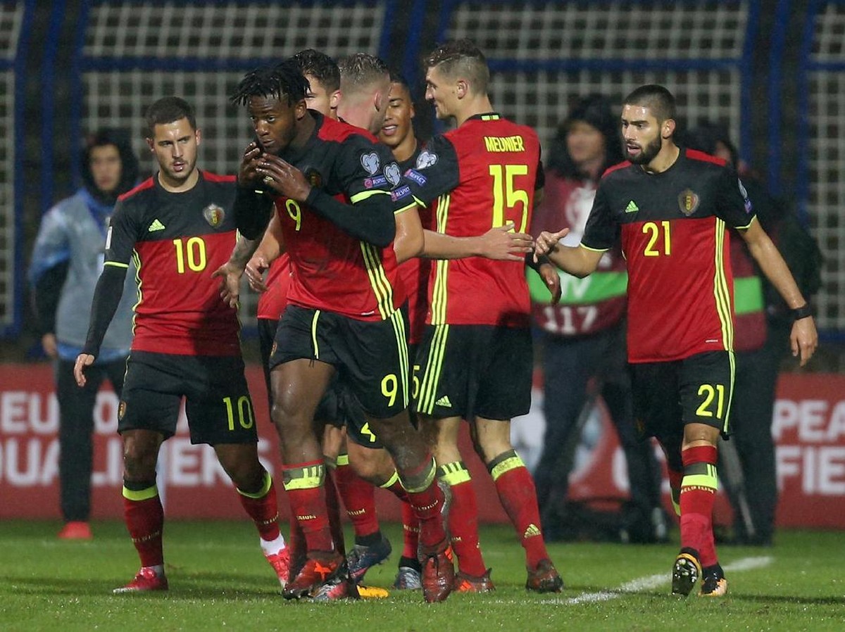 Michy Batshuayi merayakan golnya ke gawang Bosnia (Dado Ruvic/Reuters)