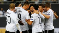 Jerman lolos dengan mencatatkan 100 persen kemenangan di kualifikasi. Die Mannschaft selalu menjadi favorit sekaligus dihadapkan dengan tantangan terbesar: mempertahankan gelar juaranya. Foto: Kai Pfaffenbach/Reuters