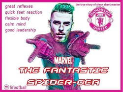 Dengan 11 penyelamatan saat melawan Spurs, De Gea masuk ke dalam daftar super hero Marvel, namanya Spider-Gea. (Foto: istimewa)