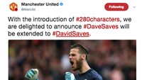 Demi mengirit karakter, akun Twitter MU kerap menyingkat aksi penyelamatan David de Gea menjadi #DaveSaves. Tapi kini mereka bisa leluasa menggunakan nama penuh sang kiper. (Twitter)