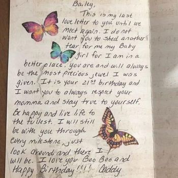 Tulisan tangan ayah Bailey untuk ulang tahunnya yang ke-21.
