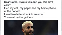 Mahrez juga disebut mirip rapper Eminem . Lirik lagu Stan dari Eminem pun dipelesetkan, menghubungkan rumor adanya minat dari Barca dulu kepada Mahrez. (Foto: Twitter @KHeneage)