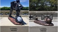 Seperti inilah perbandingan kerusakan patung Messi pada Januari 2017 (kiri) dan Desember 2017 (kanan). Foto: AFP PHOTO / Leo RAMIREZ AND Eitan ABRAMOVICH