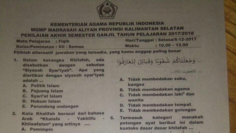 Buntut Soal Ujian Bahas Khilafah yang Viral, Ini Langkah Kemenag