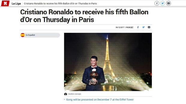 Marca Sudah Sebut Ronaldo Pemenang Ballon d'Or 2017
