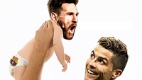 Messi pun diejek sedang ditenangkan Ronaldo. Pemain asal Argentinga itu ada dalam tubuh bayi, Ronaldo menggendongnya dengan muka bahagia. (Foto: dok.Twitter)