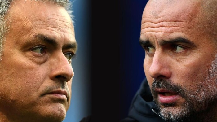 FILE PHOTO (EDITORS NOTE: GRADIENT ADDED - COMPOSITE OF TWO IMAGES - Image numbers (L) 674036840 and 864604832) In this composite image a comparision has been made between Jose Mourinho, Manager of Manchester United and Josep Guardiola, Manager of Manchester City.  Manchester United and Manchester City meet in a Premier League match on December 10, 2017 at Old Trafford in Manchester,England.  ***LEFT IMAGE*** MANCHESTER, ENGLAND - APRIL 27: Jose Mourinho, Manager of Manchester United looks on prior to the Premier League match between Manchester City and Manchester United at Etihad Stadium on April 27, 2017 in Manchester, England. (Photo by Laurence Griffiths/Getty Images) ***RIGHT IMAGE*** MANCHESTER, ENGLAND - OCTOBER 21: Josep Guardiola, Manager of Manchester City looks on prior to the Premier League match between Manchester City and Burnley at Etihad Stadium on October 21, 2017 in Manchester, England. (Photo by Alex Livesey/Getty Images)