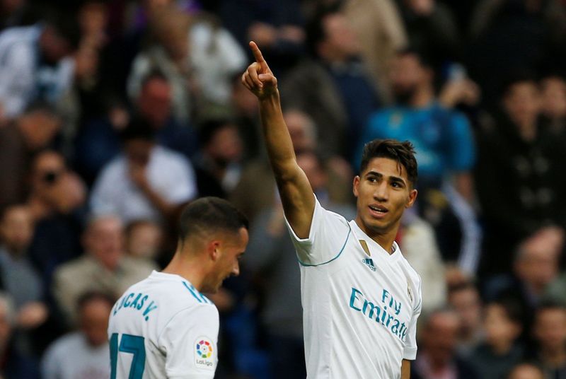 Soccer Football - La Liga Santander - Real Madrid vs Sevilla - Santiago Bernabeu, Madrid, Spain - December 9, 2017  Real Madrid's Achraf Hakimi celebrates scoring their fifth goal   REUTERS/Javier Barbancho
