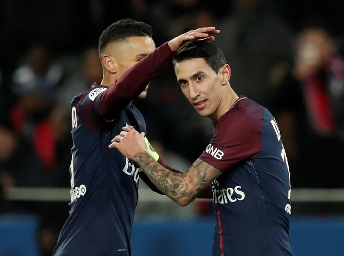 Soccer Football - Ligue 1 - Paris St Germain vs LOSC Lille - Parc des Princes, Paris, France - December 9, 2017   Paris Saint-Germain’s Angel Di Maria celebrates scoring their first goal with Marquinhos     REUTERS/Benoit Tessier